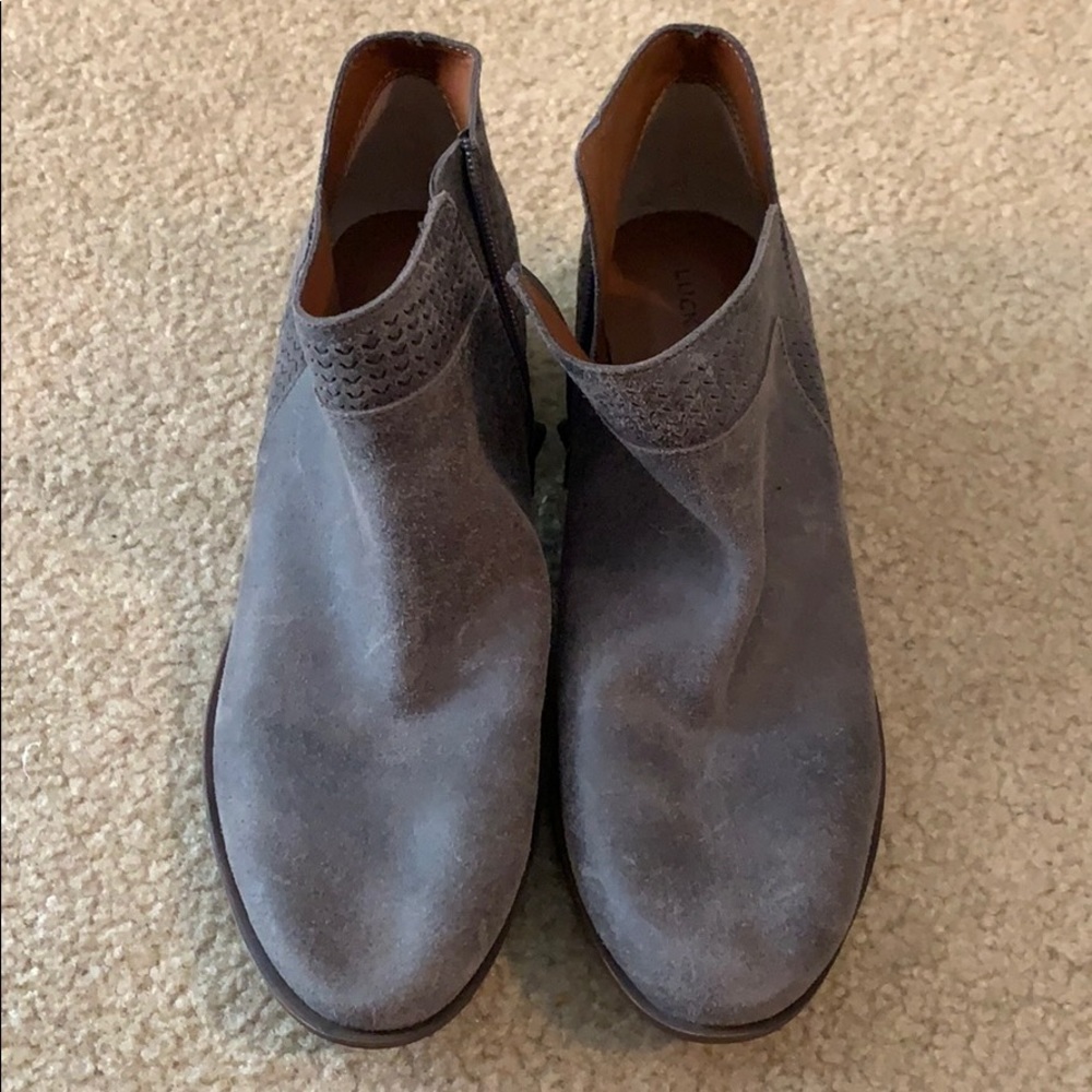 low rise grey boots with inch and a half heel